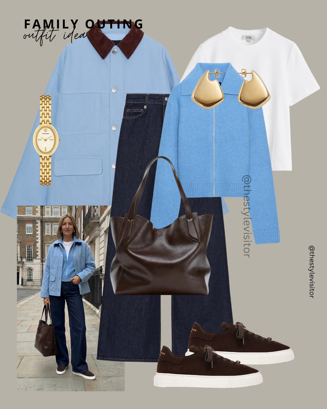 Comfort meets style for busy family days 💙 this relaxed look pairs a light blue jacket with a soft knit, dark denim and comfy sneakers—easy to move in but still put together.👟✨

Like this post to save it to your favourite folder and come back later to shop.

light blue jacket, casual jacket, blue knit sweater, white t-shirt, dark blue jeans, wide leg jeans, comfortable sneakers, suede sneakers, leather tote bag, everyday outfit, casual weekend look, family outing outfit, practical style, relaxed fashion, neutral tones, gold jewellery, classic denim, layering outfit, chic casual, off duty style