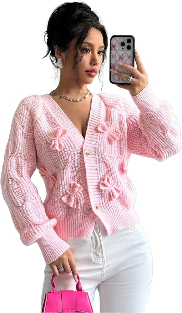 Women's Cropped Bow Chunky Knit Cardigan Sweaters Open Front Cozy Long Sleeve Button Up Cardigans... | Amazon (US)