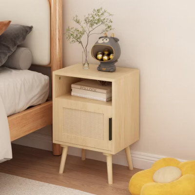 Modern Light Oak Nightstand with Rattan Door and Open Shelf, Bedside Table with Solid Wood Legs for Bedroom or Small Spaces - Panipeachy | Target
