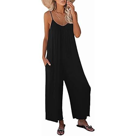 Women's Casual Loose Sleeveless Adjustable Spaghetti Strap Jumpsuits Stretchy Wide Leg Rompers wi... | Amazon (US)
