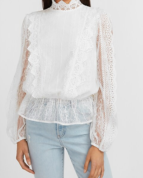 Scalloped Lace Mock Neck Peplum Top | Express