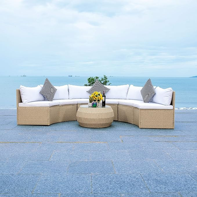 Safavieh Outdoor Collection Jesvita Wicker Cushion Living Set with Pillows PAT7701B-4BX, 7 Piece,... | Amazon (US)