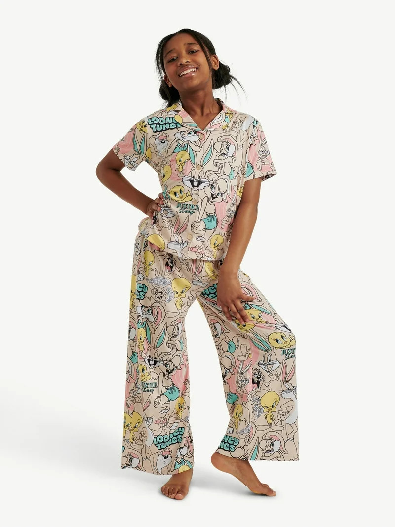 Looney Tunes X Justice Girls Short Sleeve Button Front Sleep Top and Sleep Pants, 2-Piece, Sizes ... | Walmart (US)
