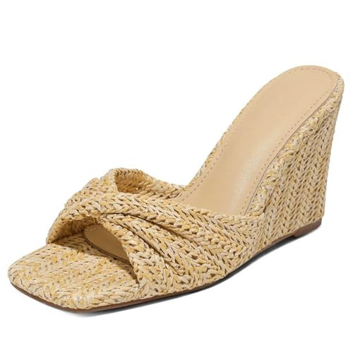 EQAUDES Summer Raffia Braided Wedge Sandals for Women Slip On Mules Slides - Wedge Heels, Square Toe, Dressy, Casual, Beach, Bohemian | Amazon (US)