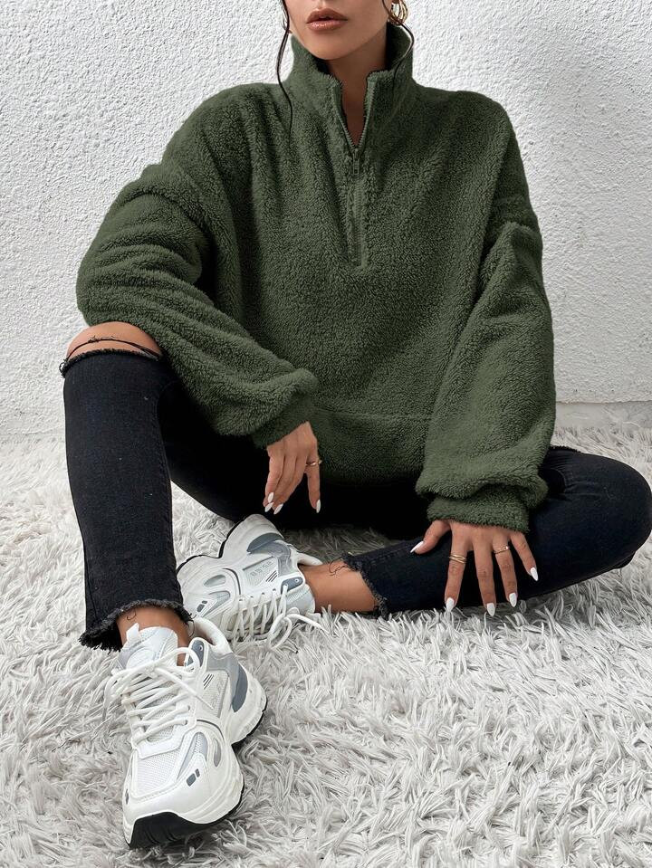 SHEIN EZwear Women Plain Pullover Sweatshirt With Half Zip, Long Sleeve, Loose Fit, Autumn/Winter... | SHEIN