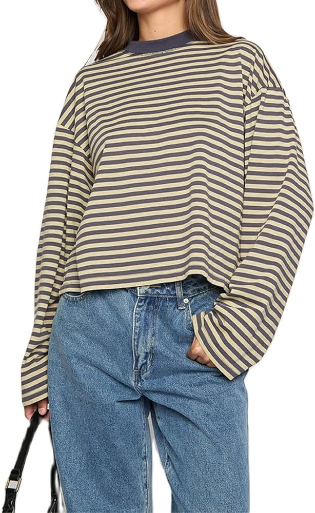 Women Y2k Long Sleeve Fairy Grunge Striped Baggy Tees Shirts 2000s Emo Aesthetic Sweater Crop Top... | Amazon (US)