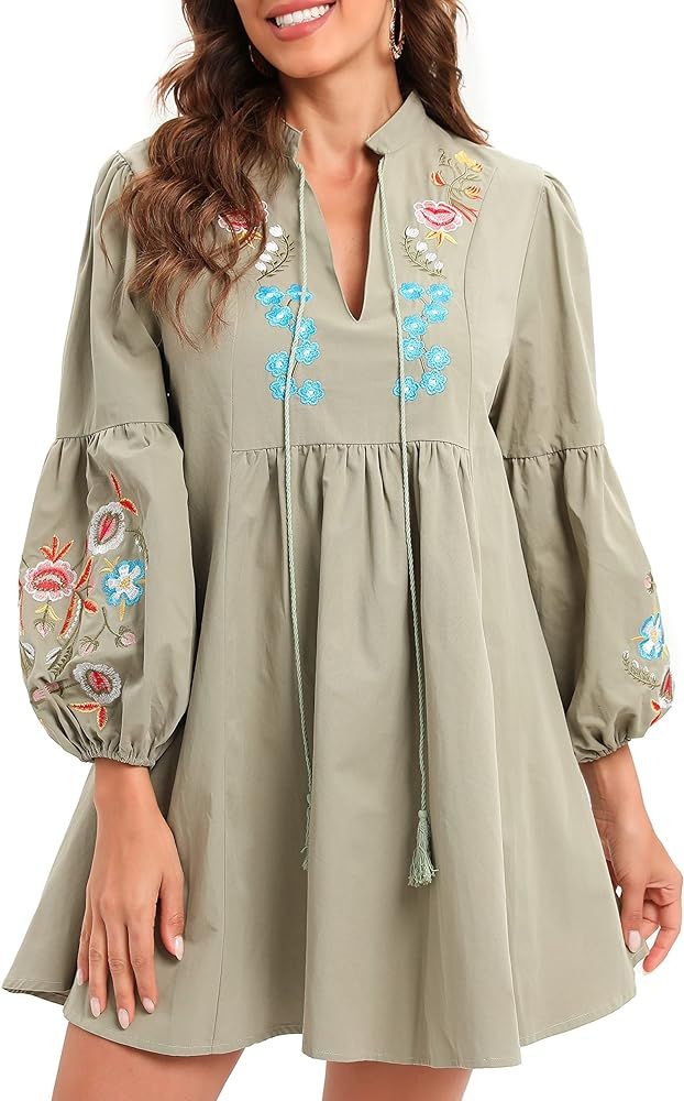 Aofur Women Bohemian Vintage Embroidered Velvet Spring Shift Mini Dress Long Sleeve Casual Tops B... | Amazon (US)