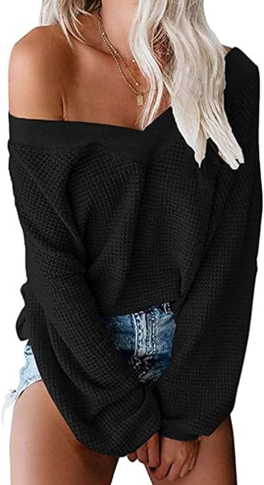 Tobrief Women's V Neck Long Sleeve Waffle Knit Tops Off Shoulder Oversized Pullover Sweater | Amazon (US)