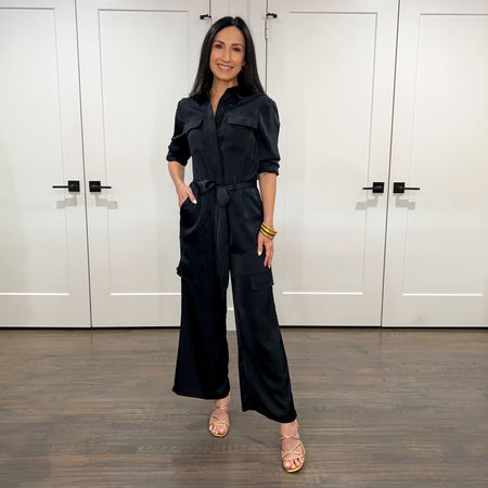 Satin cargo jumpsuit, petite friendly and very flattering! Runs tts. Wearing XS  Lace up gold sandals are also Walmart, under $30! 

#LTKfindsunder100 #LTKfindsunder50 #LTKover40