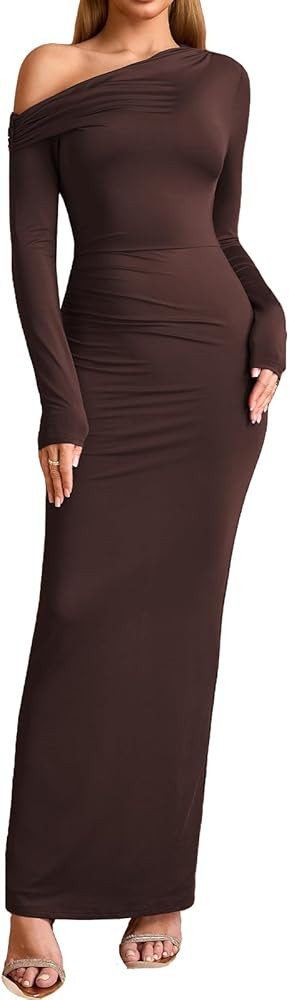 XinFSh Women's Long Sleeve Bodycon Maxi Dress One Shoulder Ruched Fall Formal Wedding Guest Cockt... | Amazon (US)