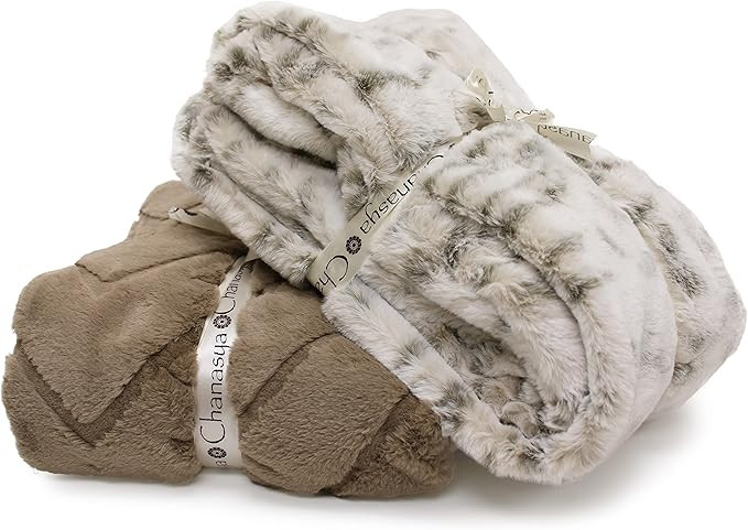Chanasya Throw Blanket Bundle Set - Ultra Soft Faux Fur Tile Taupe and Faux Fur Snow Leopard Blan... | Amazon (US)