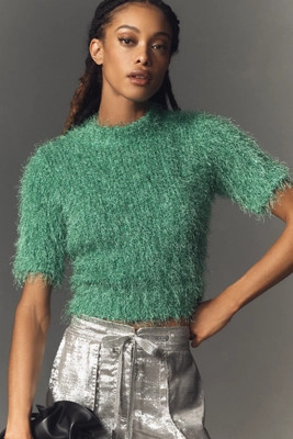 Endless Rose Short-Sleeve Feather-Knit Sweater | Anthropologie (US)