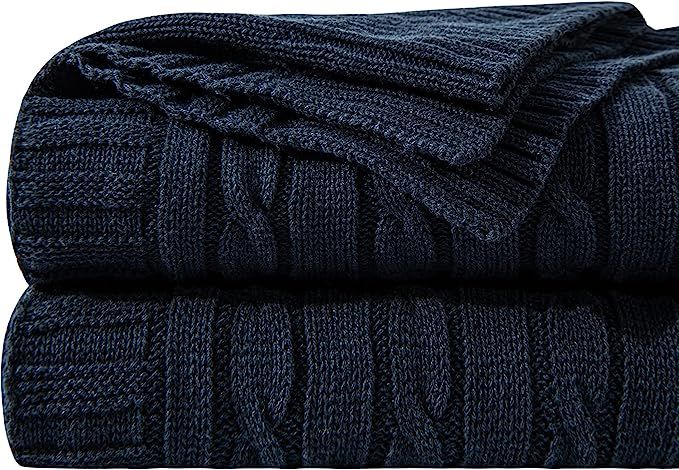 NTBAY 100% Cotton Cable Knit Throw Blanket Super Soft Warm Multi Color(51"x 67", Navy) | Amazon (US)