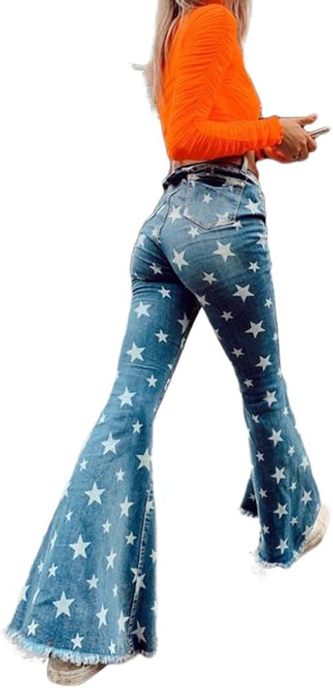 BZB Women's Denim Flared Pants Retro Printed Jeans Denim Pants with Elastic Waist | Amazon (US)