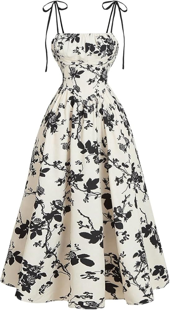 SHENHE Women's Floral Bustier Corset Dress Tie Shoulder Smocked Flowy Boho Long Dress Sundress | Amazon (US)