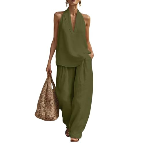 hayudier Linen Sets for Women 2 Piece Set Summer Outfits Sleeveless Tops Match Wide Leg Pants Cotton Linen Casual Two Piece Set Lightweight Breathable Lounge Beach Vacation Outfits Loungwear Green | Amazon (US)