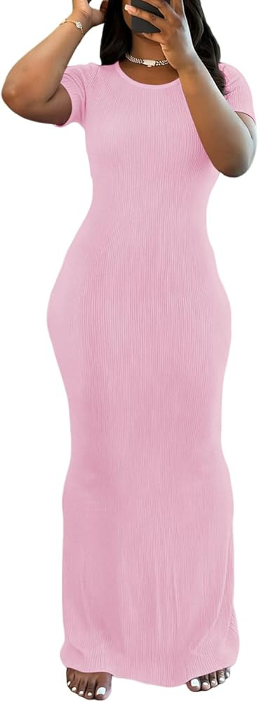 PINSV Women Summer Casual Bodycon Maxi Dress Scoop Neck Short Sleeve Long Dresses Club Party | Amazon (US)