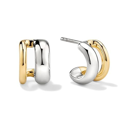 NOKMIT Two Tone Huggie Hoop Earrings for Women, Dainty 14K Gold and Silver Mixed Metal C Shaped Hoops, Small Multi Statement Geometric Earrings, Plain High Polish Non Tarnish Jewelry Gifts | Amazon (US)