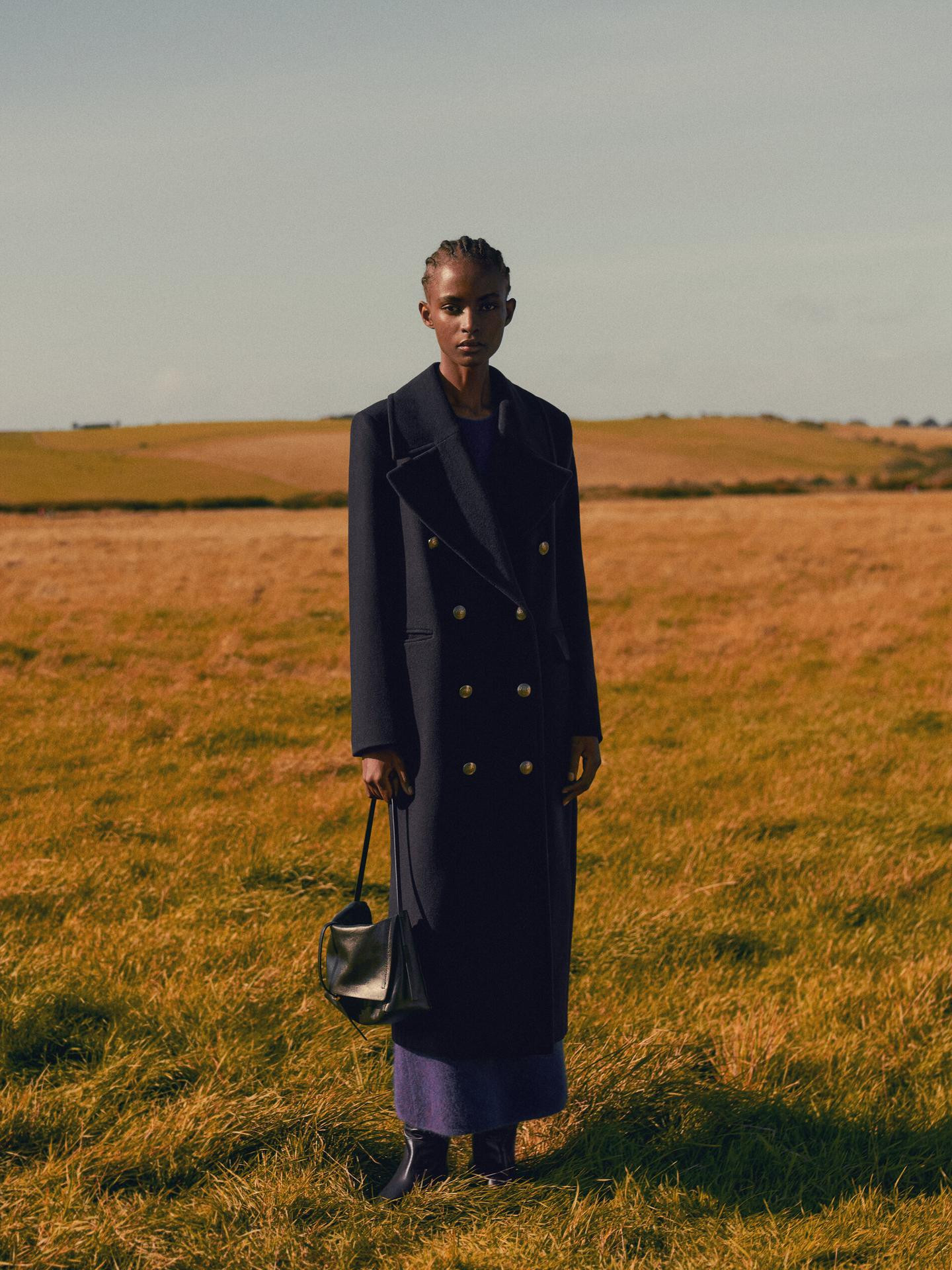 Long navy blue buttoned coat | Massimo Dutti US