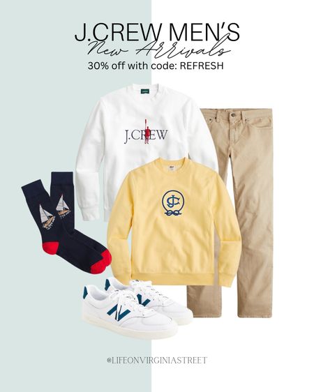 Grab 30% off full price at J. Crew right now with code: REFRESH. Get this entire look on sale! This sale includes these khakis, sailboat socks, tennis shoes, and crewnecks. 

mens fashion, mens clothes, mens crewneck, mens socks, mens shoes, mens style, j. crew, j. crew sale, coastal style, casual style, casual outfit, mens looks, style, spring style, spring outfit, weekend outfit, vacation style, vacation outfit, beach style 

#LTKmens #LTKstyletip #LTKsalealert