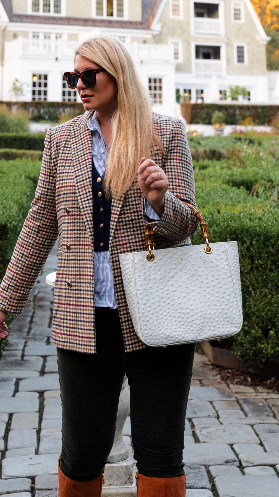 Fall outfit formula: Ruffle shirt, cashmere sweater dress, houndstooth blazer, green corduroy pants, suede knee high boots, bamboo leather bag

#LTKover40 #LTKSeasonal #LTKitbag