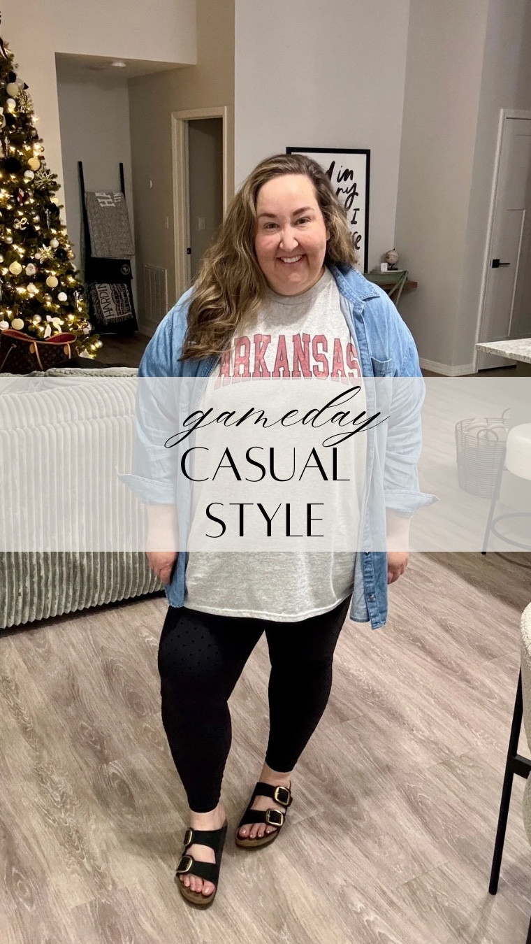 Gameday but make it casual. Throw on a chambray shirt to make any boring graphic tee a little more elevated. 

#rebekahelizstyle 

#LTKootd #LTKU #LTKPlusSize