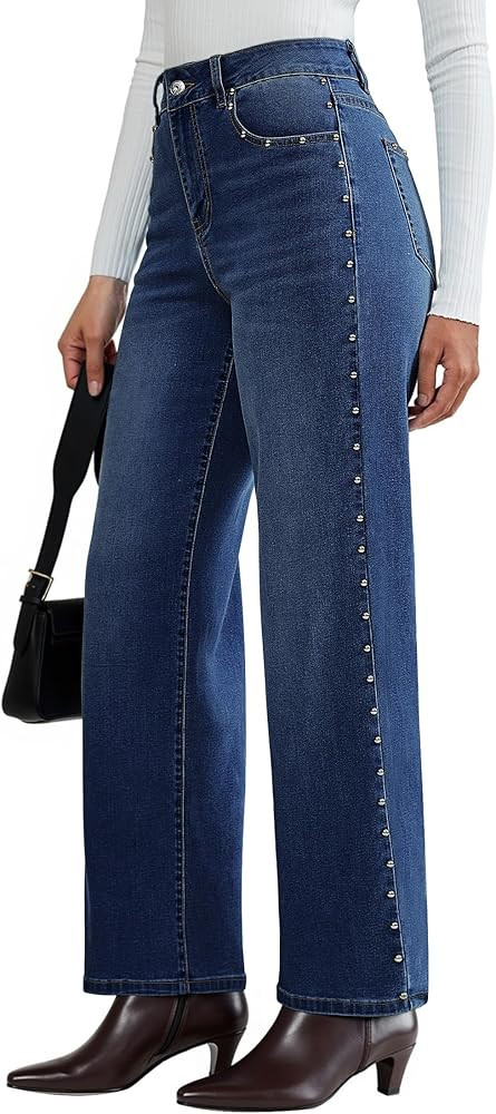 luvamia Women Jeans Wide Leg High Waisted Trendy Side Studded Embellished Distressed Stretchy Den... | Amazon (US)