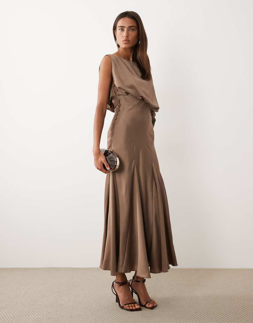 ASOS DESIGN satin draped bodice full skirt godet maxi dress in mocha-Neutral | ASOS (Global)