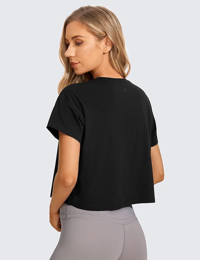 CRZ YOGA Women's Pima Cotton Workout Short Sleeve Shirts Loose Crop Tops Athletic Gym Shirt Casua... | Amazon (US)