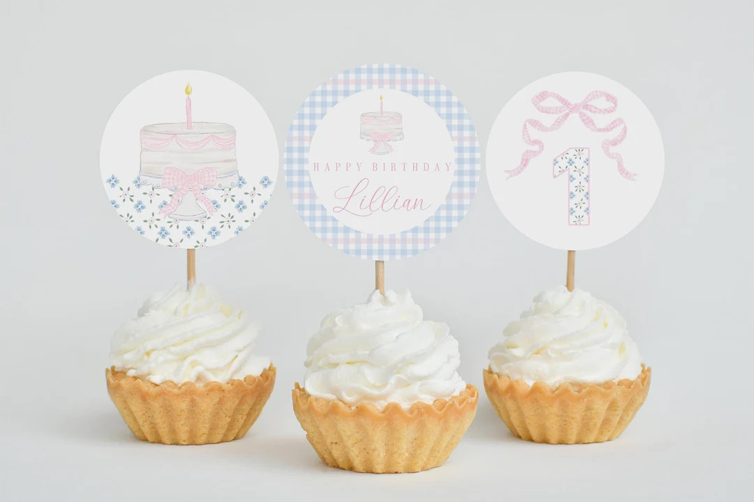 Pink Bow Birthday Party Cupcake Toppers, Gingham Cake and Floral First Birthday Cupcake Toppers, ... | Etsy (US)