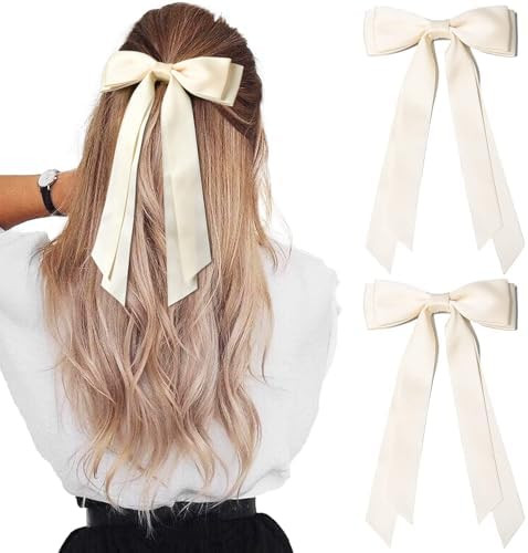 2PCS Silky Satin Hair Bows Hair Clip Light Beige Hair Ribbon Ponytail Holder Accessories Slides M... | Amazon (US)