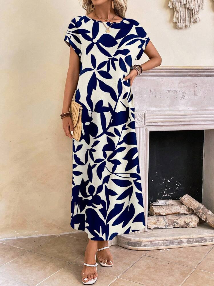 EMERY ROSE Casual & Versatile Blue Geometric Floral Printed Dress, Suitable For Summer & Vacation Casual Maxi Dress Maxi Dress With Pockets Blue And White Floral Maxi Dress Short Sleeve Maxi Dress Women Casual Maxi Dress Boho Suitable For Going Out Chic Dress | SHEIN