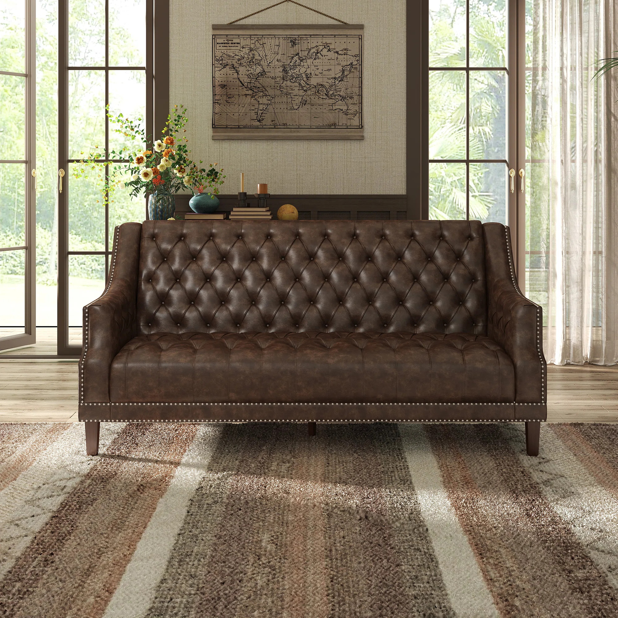 Lark Manor™ Mid Century Faux Leather Sofa With Solid Wood Legs, Tufted Button Back Sofa For Bed... | Wayfair North America