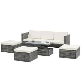 maocao hoom 5-Pieces Gray Wicker Patio Conversation Set with Beige Cushions SFW170S04 - The Home ... | The Home Depot