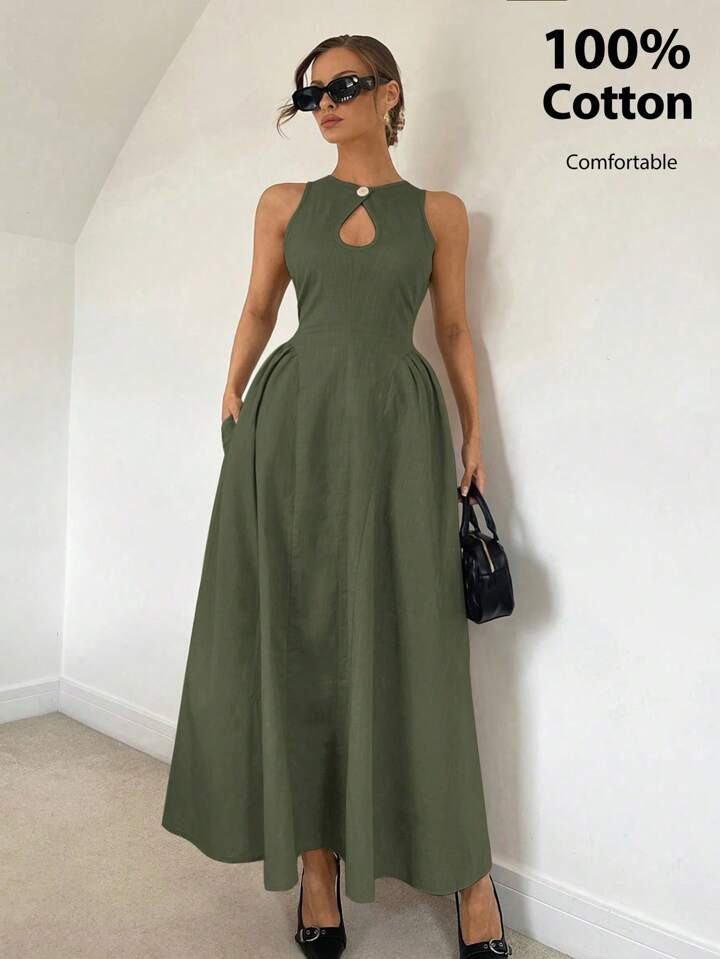 Siren Gaze Women Linen-Color Cotton Cutout Front Cinched Waist A-Line Dress | SHEIN