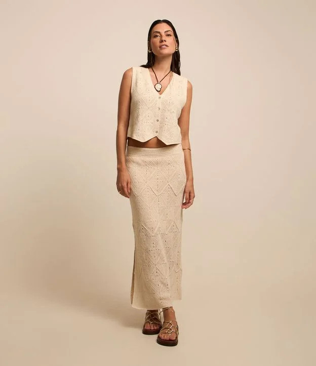Saia Reta Midi em Tricô com Efeito Crochê Bege - Lojas Renner | Renner (BR)