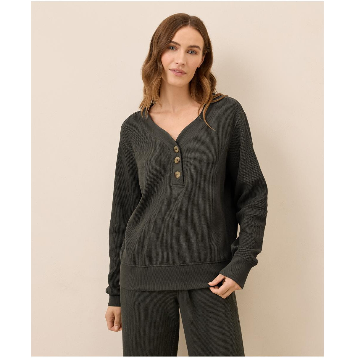 Pact Women's Thermal Waffle Henley Pullover - Oak | Macy's