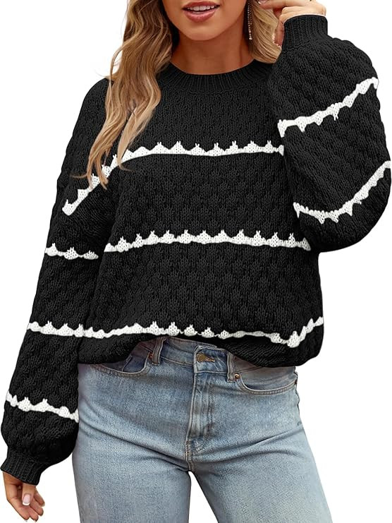 MEROKEETY Women's Striped Long Sleeve Pullover Sweater Crew Neck Oversized Fall Casual Knit Jumpe... | Amazon (US)
