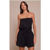 Black Woven Textured Bandeau Romper | PrettyLittleThing US