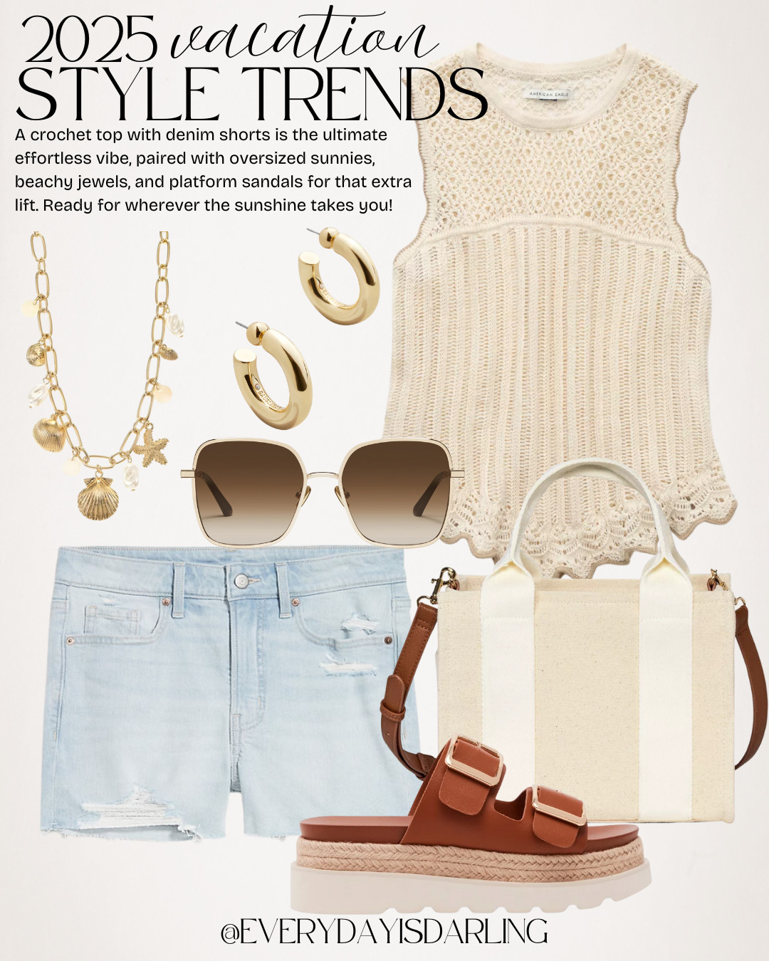 Sun-kissed and stylish ☀️ A crochet top with denim shorts is the ultimate effortless vibe, paired with oversized sunnies, beachy jewels, and platform sandals for that extra lift. Ready for wherever the sunshine takes you! ✨ #CoastalCool #VacationVibes

Summer style  resort wear  crochet  everydayisdarling 

 #LTKStyleTip #LTKTravel #LTKBump