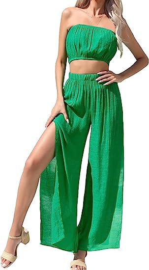 MakeMeChic Women's 2 Piece Beach Swimsuit Cover Up Bandeau Top Split Cover Up Pants Set | Amazon (US)