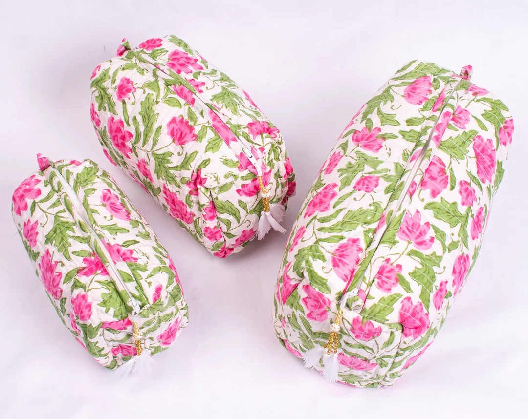 Set of 3 Makeup Bag Block Printed Cotton Toilet Bag Toiletry - Etsy | Etsy (US)
