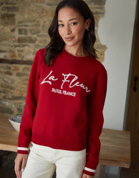 Women's Red Varsity Knitted Jumper | Threadbare