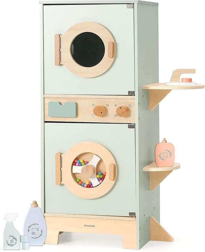 Pillowhale Wooden Washer-Dryer Playset for Kids – 2-in-1 Laundry Center Toy, Dual-Opening Doors... | Amazon (US)
