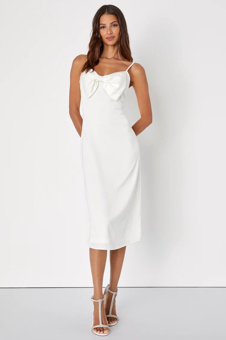 Truly Mesmerizing White Satin Sleeveless Bow Column Midi Dress | Lulus (US)