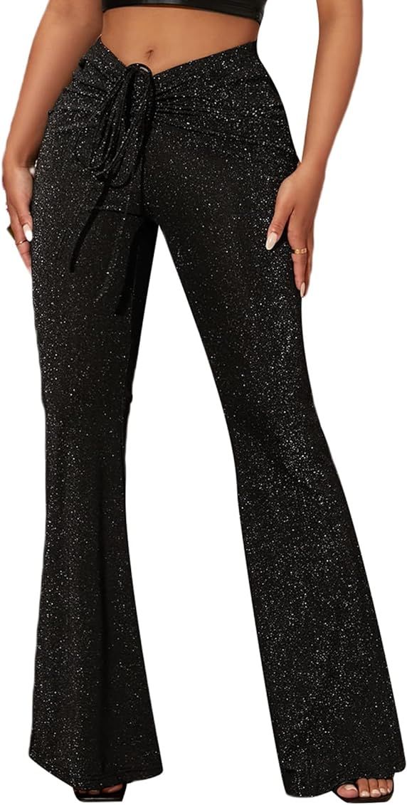 SOLY HUX Women's Metallic Tie Front Elastic Waist Flare Leg Bell Bottom Pants Trousers | Amazon (US)