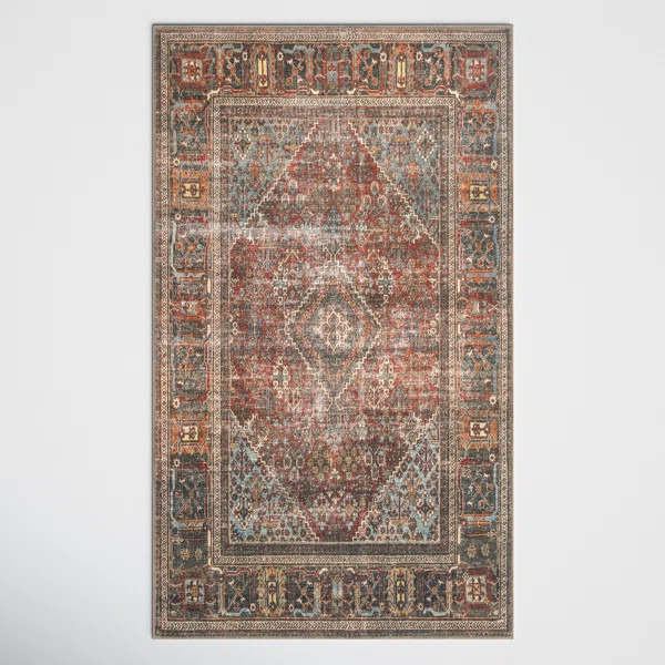 Doncia Performance Dark Red/Dark Charcoal/Light Blue Rug | Wayfair North America