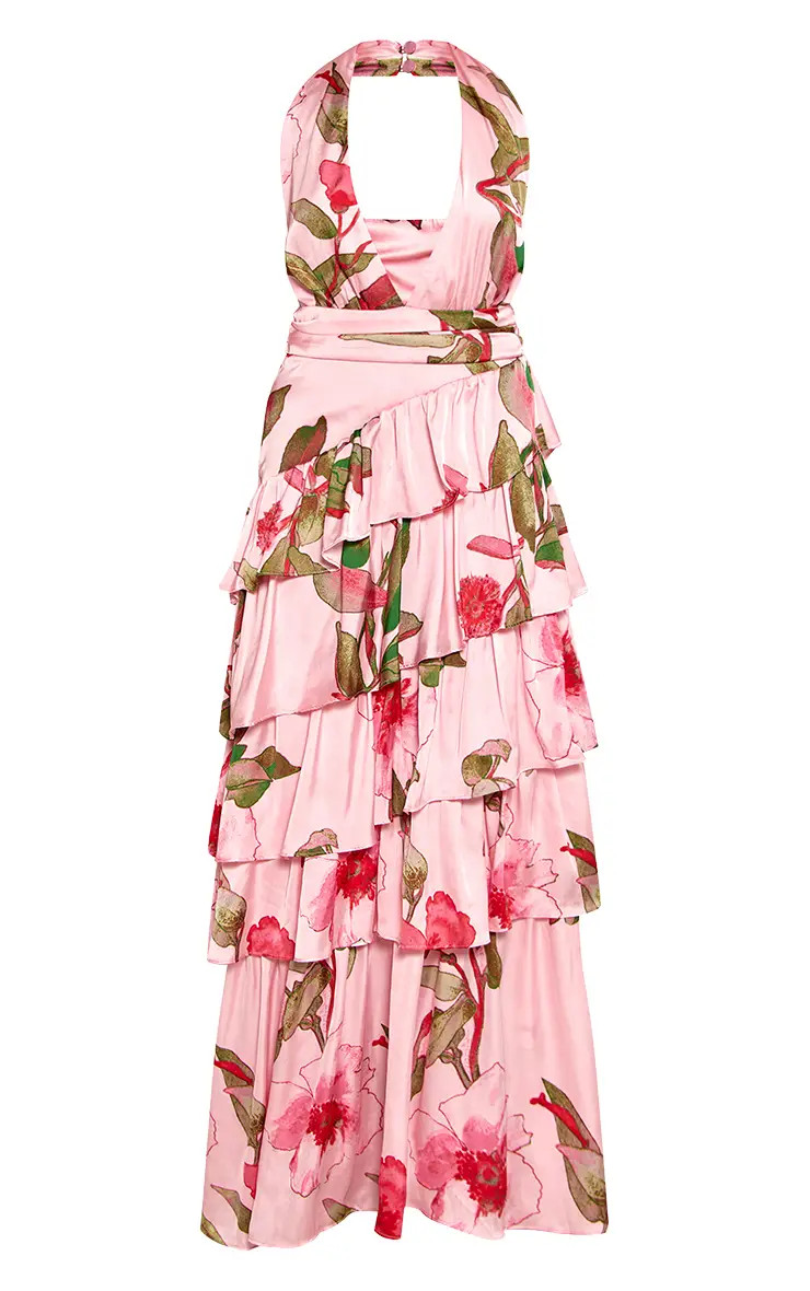 Pink Floral Printed Satin Halterneck Frill Maxi Dress | PrettyLittleThing USA | PrettyLittleThing US