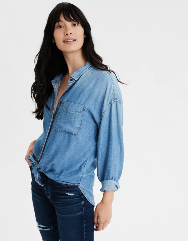 AE Oversized Denim Button Up Shirt | American Eagle Outfitters (US & CA)