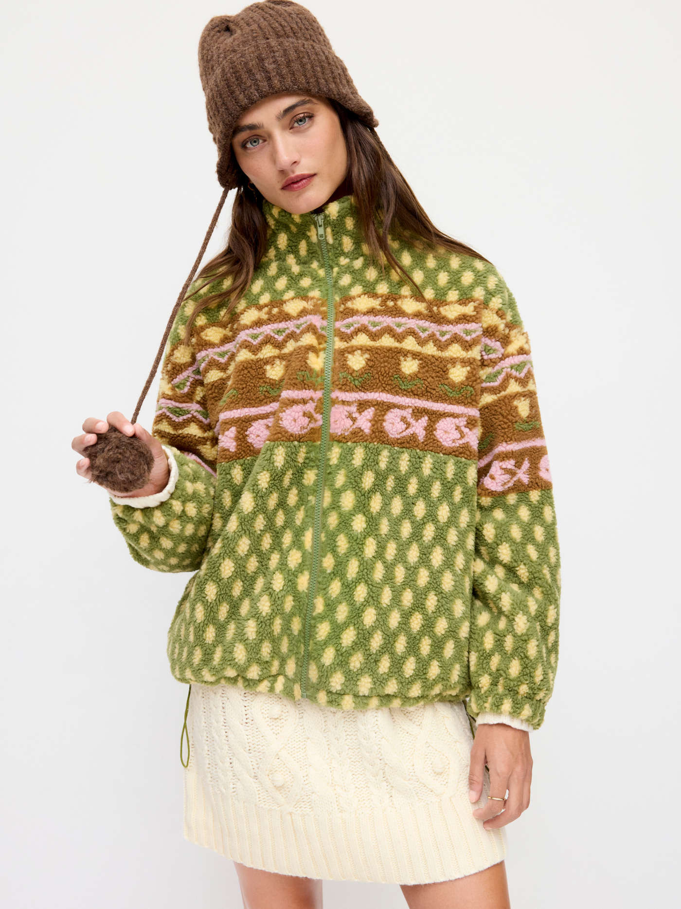 Fleece Floral Drawstring Zip Up Jacket | Cider